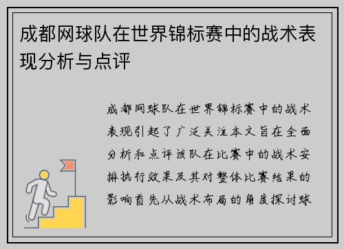成都网球队在世界锦标赛中的战术表现分析与点评
